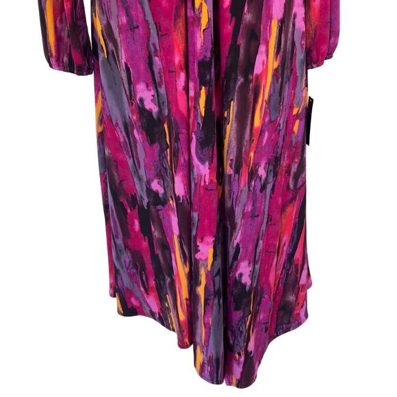 MAGGY LONDON TWIST FRONT ASYMMETRIC HEM MIDI DRESS IN BERRY MULTI NWT SIZE 14W - Picture 15 of 16